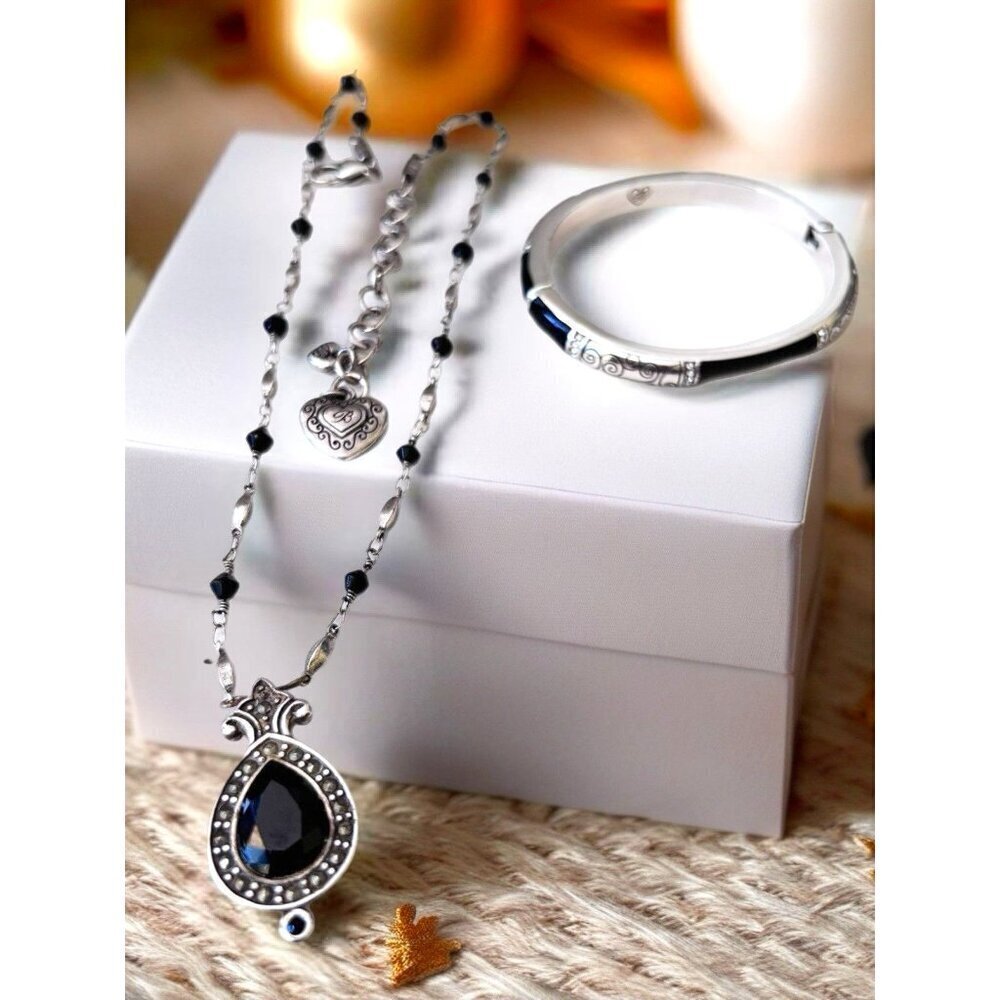 Brighton Victorian Style Necklace Silver Tone Black Beads Bracelet Included.